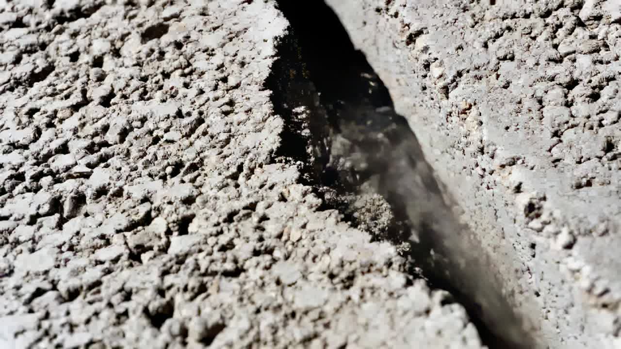 Polvere che si sposta, piccolo roditore che alza la testa e si ritira in una stretta fessura su un marciapiede illuminato dal sole.