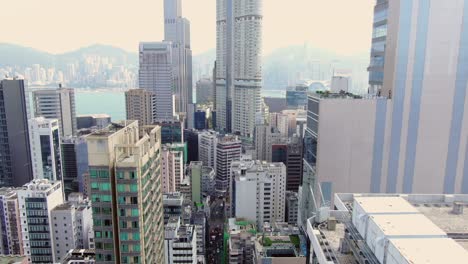 Central-Hong-Kong,-aerial-view-of-traffic-and-city-skyscrapers