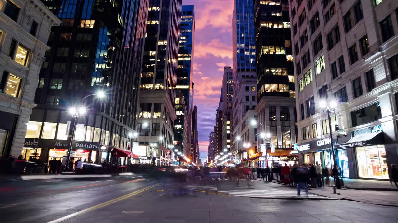Dynamic cityscape video captures a bustling street at sunset. Shot from a low angle, it highlights