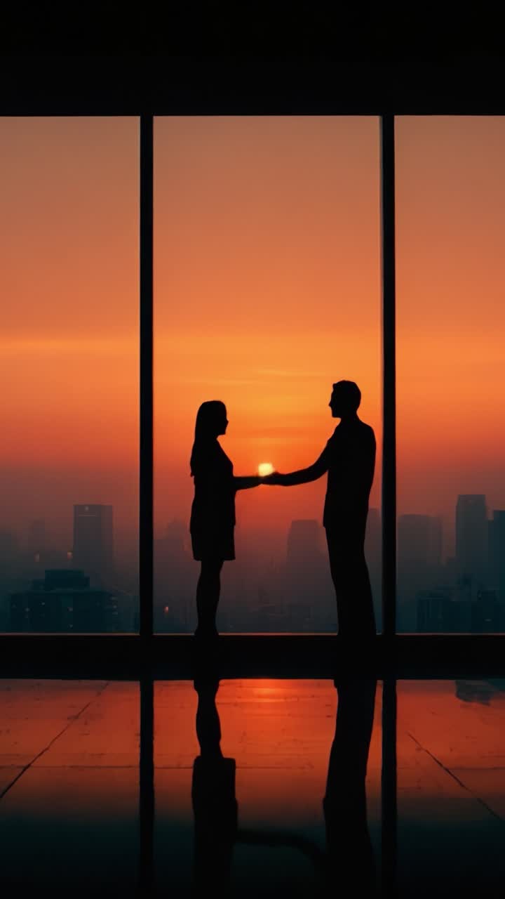 Un incontro romantico: una coppia si abbraccia contro una splendida silhouette al tramonto, simboleggiando amore e connessione in un lussuoso paesaggio urbano.