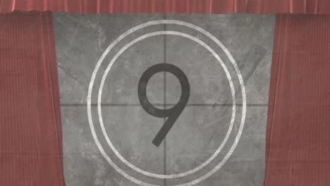 animation of movie vintage countdown in circle over brown curtains