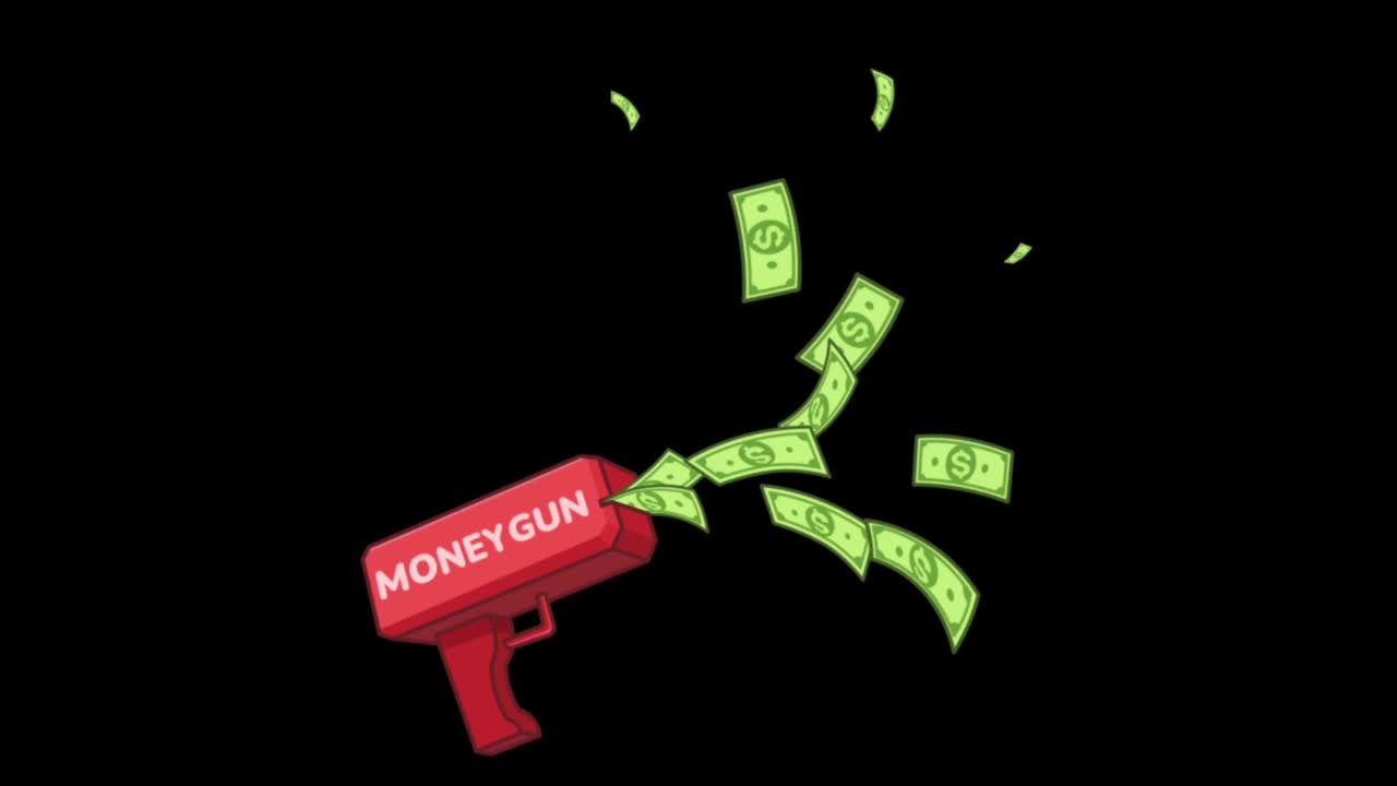 애니메이션 달러 지폐는 검은색 배경에 고립됩니다.