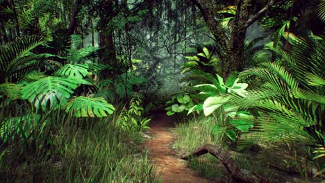 Tropical-Rainforest-Natural-Landscape-Large-Trees-Plants-Vibrance-3D-Render-Realistic-Dense-Jungle-Pathway-Daytime-Palm-Big-Leaves-Fern-Exotic-Plants-Sunlight-Canopy-Background-Flora-and-Fauna