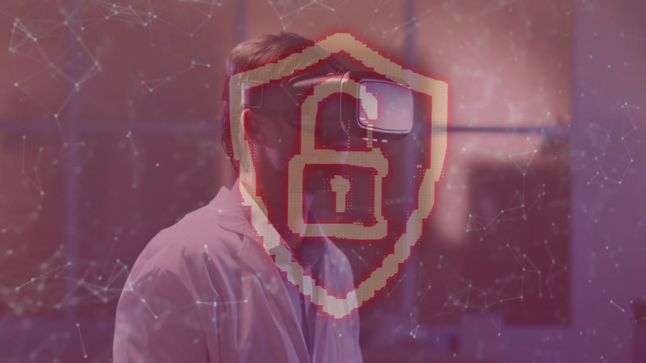Lab researcher putting on VR headset testing security with shield counting to nine and lock forming