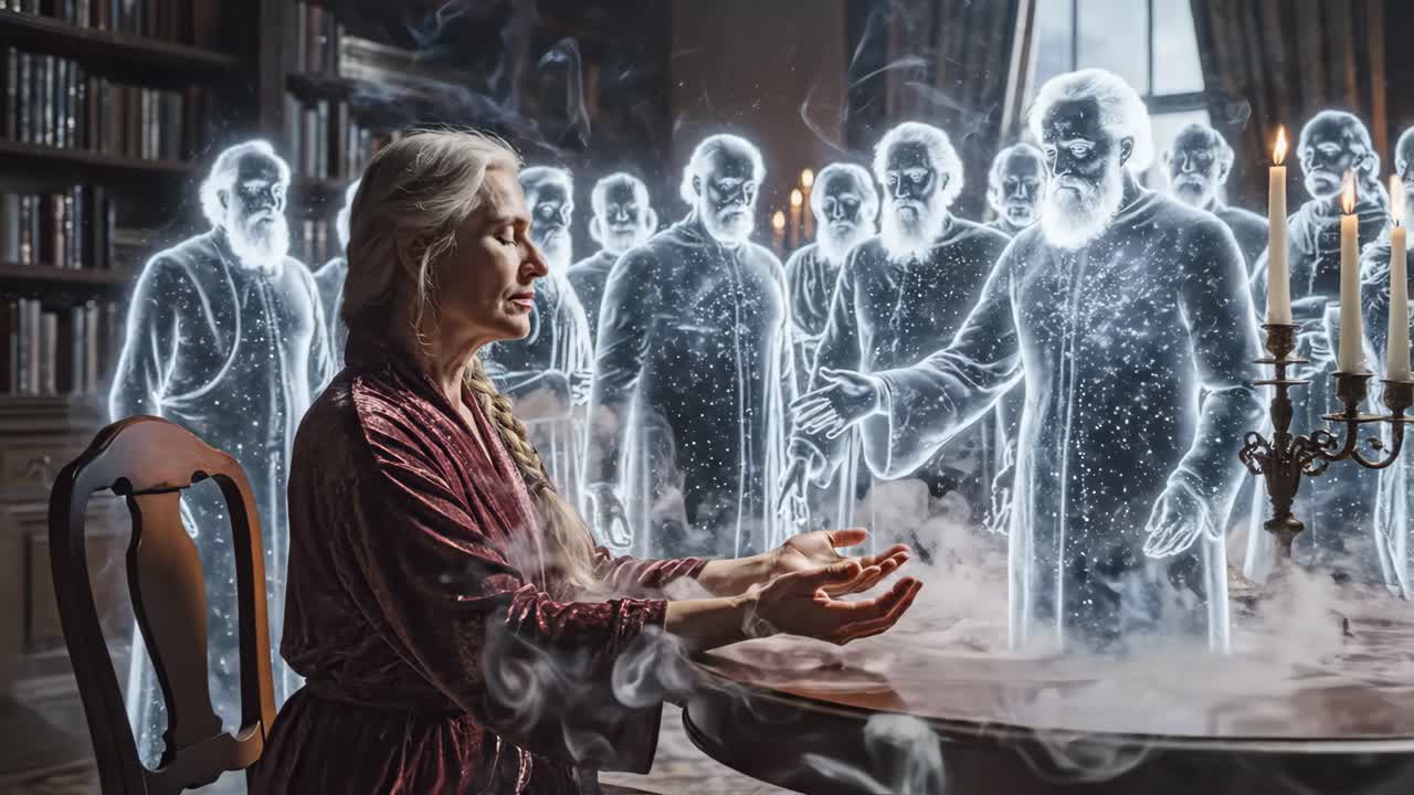 A medium channeling spirits in a library