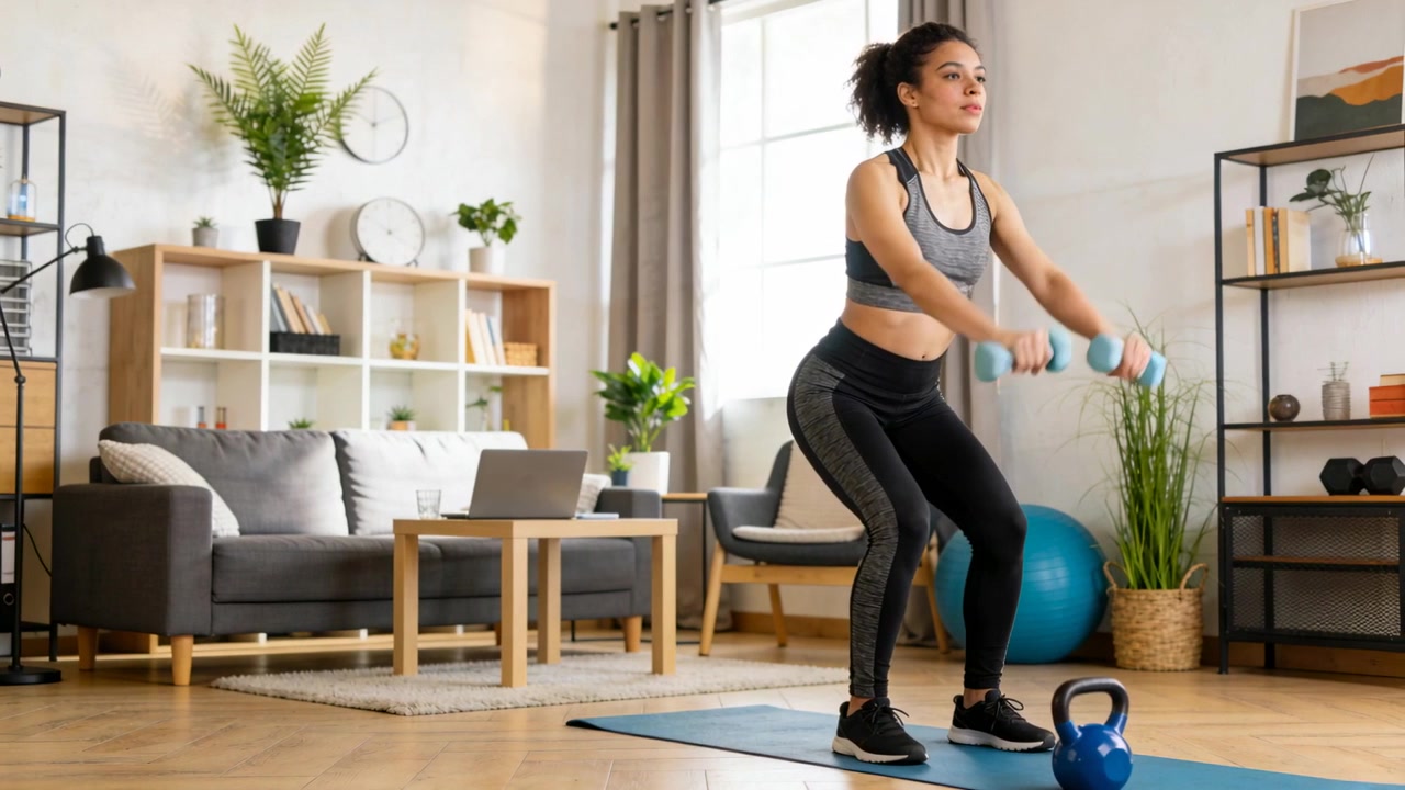 Following guided routine on laptop, woman in grey sports bra holding dumbbells doing squats on mat