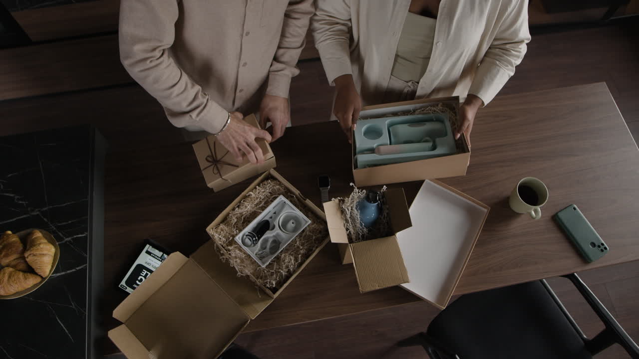 Unboxing gifts on the kitchen table