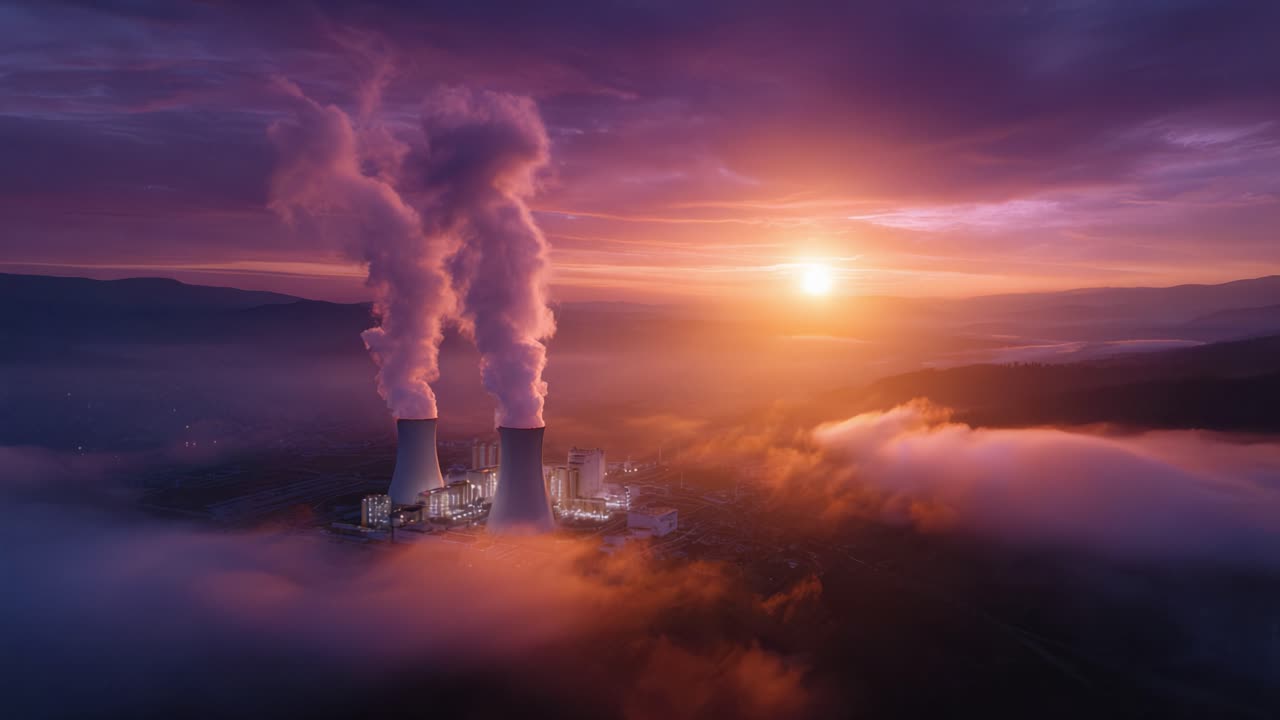 Vista aerea di una centrale nucleare al tramonto con fumo che si innalza e un cielo vibrante, che mette in risalto la struttura industriale tra nuvole colorate.