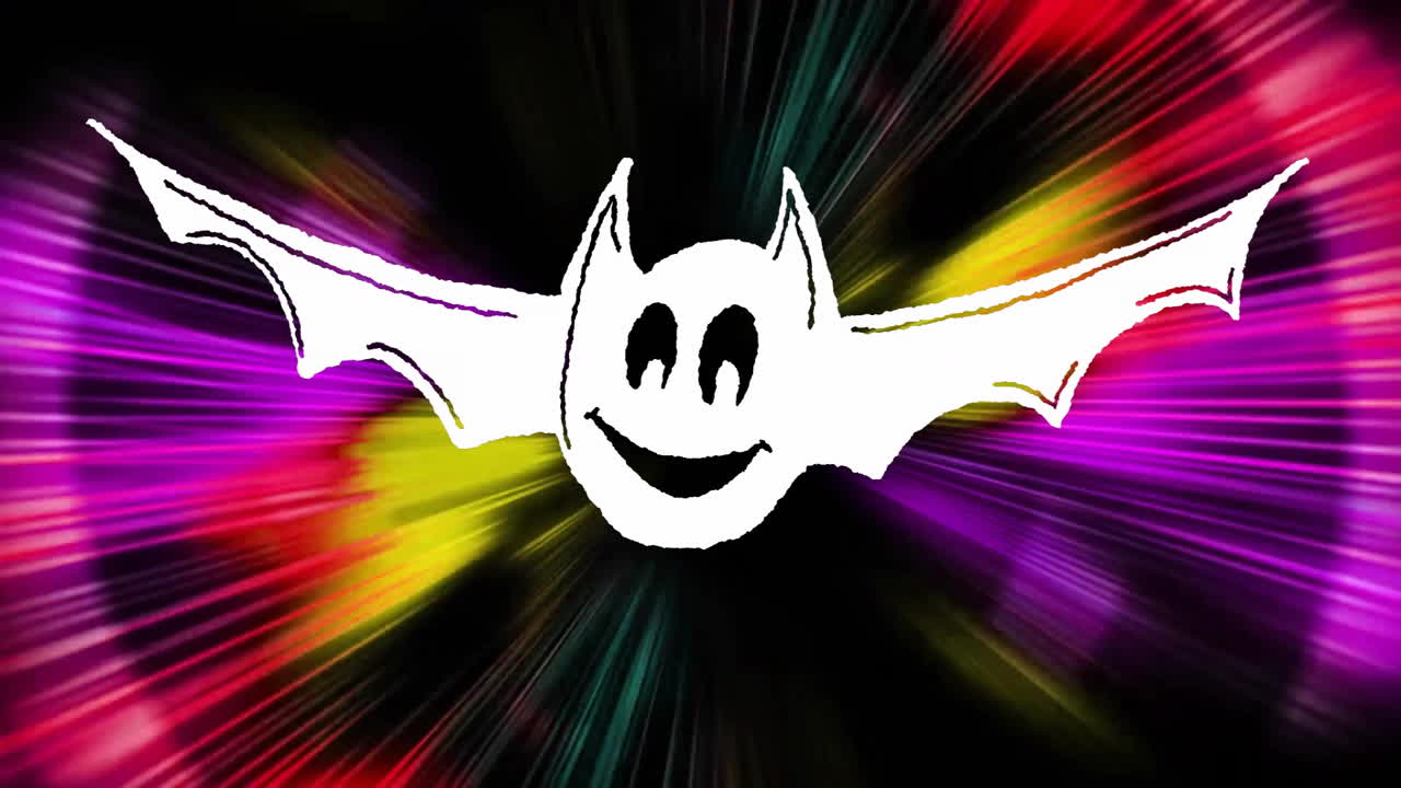 Smiling bat animation with colorful radial light streaks in background
