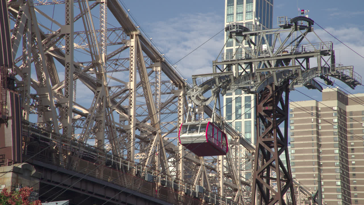 Establishing shot of the Roosevelt Island Tram and the Queensboro Bridge. Shot on an autumn morning in New York City