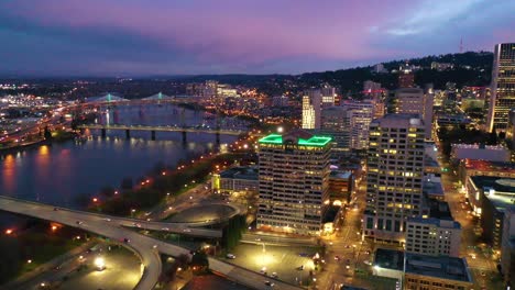 High-angle-pan-of-downtown-business-district-Portland-Oregon-at-night