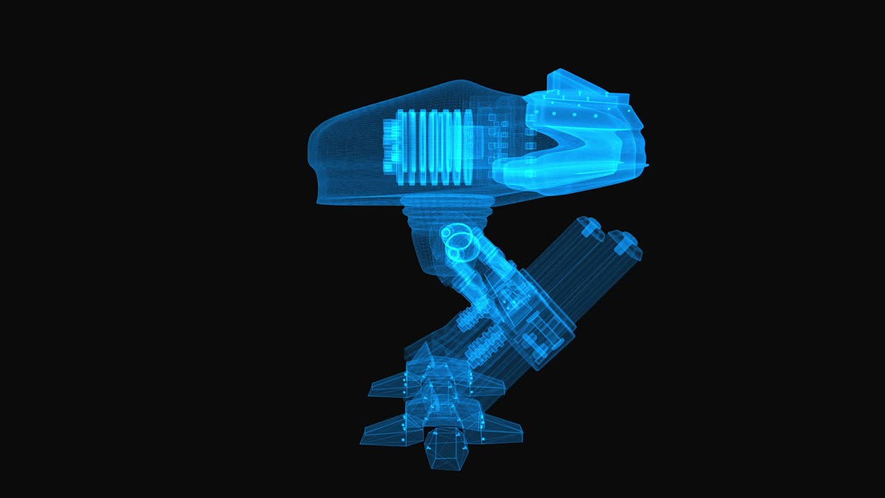 Futuristic robot machine gun turret wireframe scheme. 3d render with blue grid lines. Loop rotation on black background.