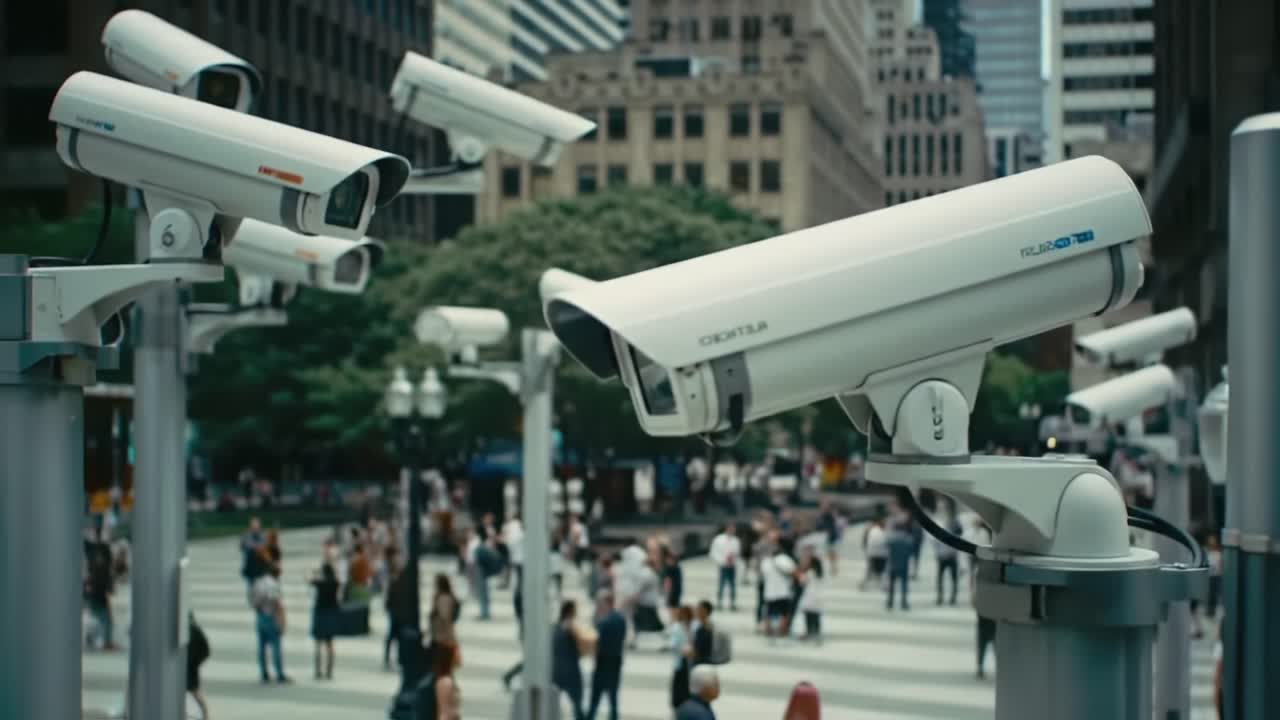 Surveillance urbaine : une représentation visuelle de la vie citadine moderne, capturée par des caméras de sécurité surveillant les foules dans un centre-ville animé