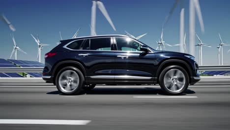side view of a sleek suv driving past wind turbines and solar panels, showcasing sustainable energy