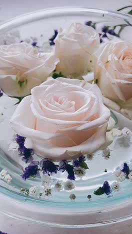 delicate pink roses in a glass bowl