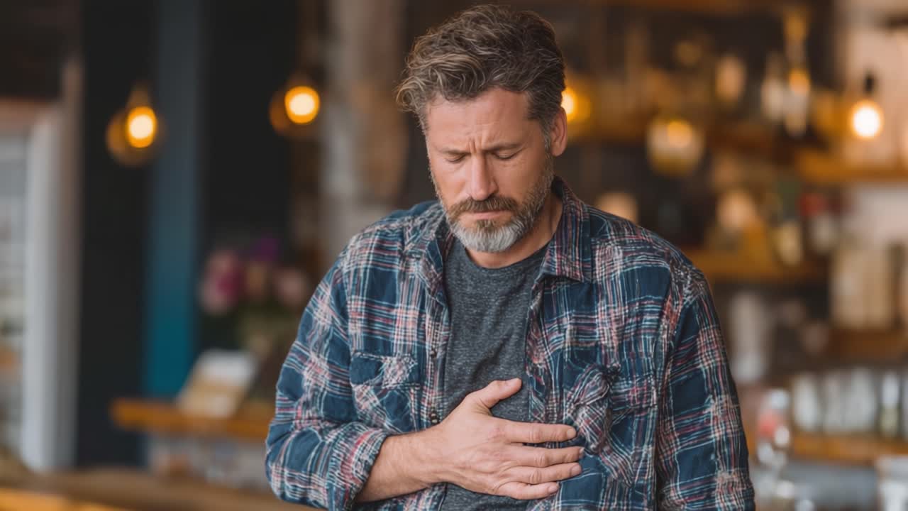 A Concerned Man Clutches His Chest, Experiencing Discomfort, Amidst a Cozy Cafe Atmosphere with Warm Lighting and Wooden Decor Invoking a Sense of Reflection