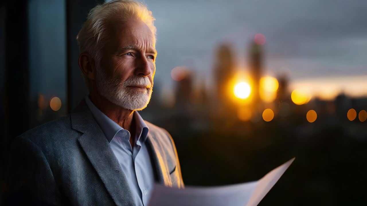 A contemplative elderly man in a tailored suit looks thoughtfully out over a cityscape at sunset, holding a document in his hands, evoking feelings of reflection, wisdom, and the passage of time