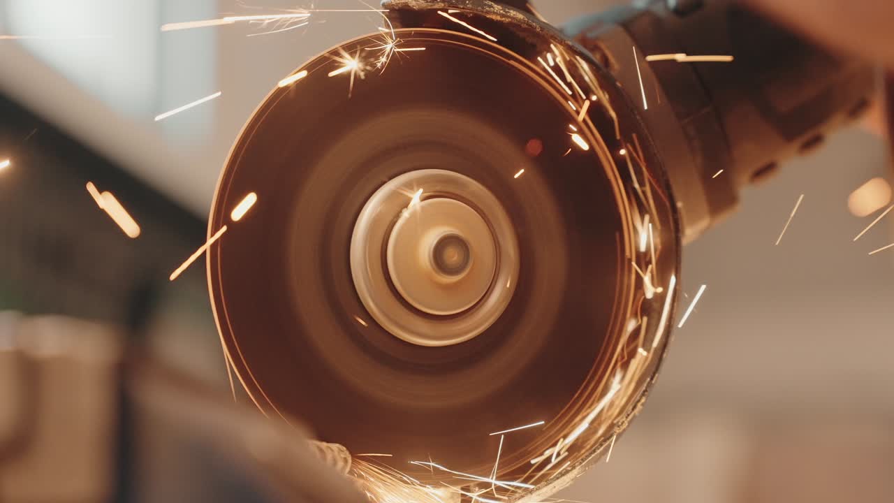 rotating angle grinder creating sparks in industrial metal cutting scene - Slow motion