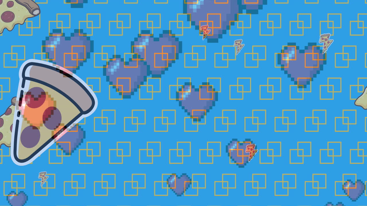 múltiples iconos de corazón rojo y rebanada de pizza contra un fondo azul