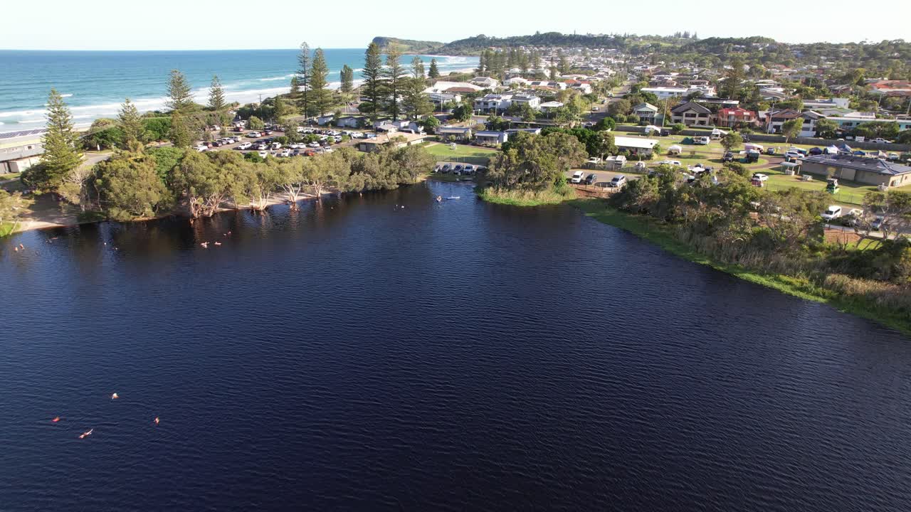 Canoeing On Lake Ainsworth - Freshwater Tea-tree Lake On Lennox Head Coast In New South Wales, Australia. aerial shot