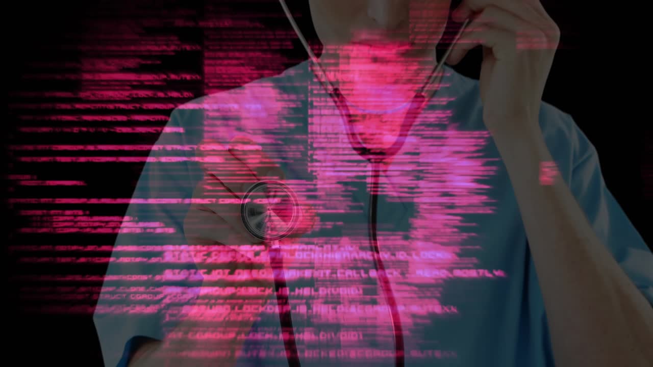 Following glitchy magenta code cue, doctor inserting stethoscope ear tips and listening heartbeat