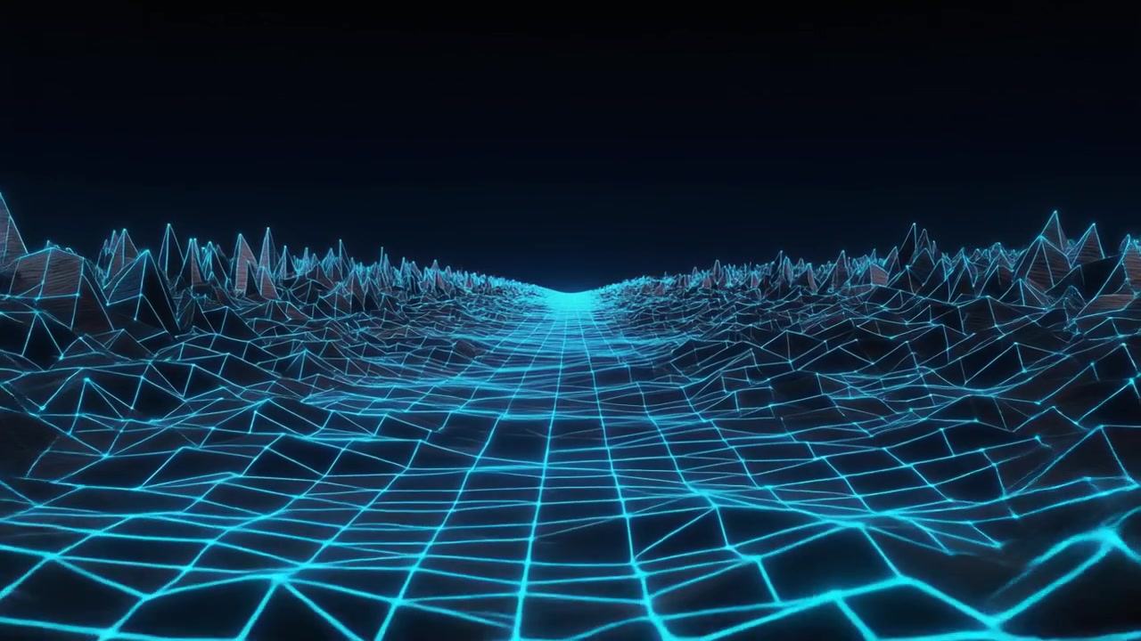 Abstract Digital Landscape with Glowing Blue Wireframe Grid