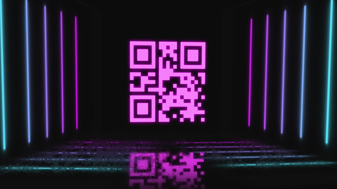 Animation of neon qr code scanner flickering against black background