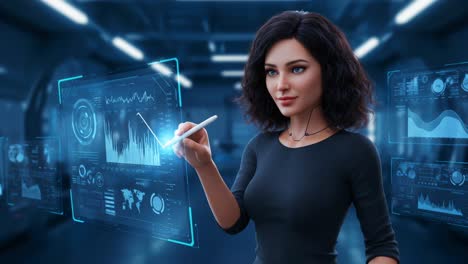 a digital analyst interacts with advanced technology and data visualization in a futuristic workspace, showcasing innovative analysis and chart manipulation skills