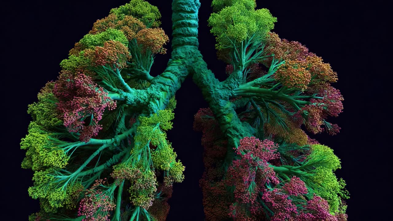 Exploring a Vibrant Representation of Lungs: A Detailed View of the Bronchial Tree and Alveoli Rendered with Lush Greenery and Vivid Colors to Illustrate Respiratory Health
