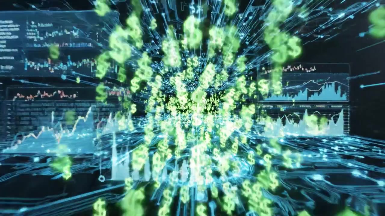 Et dynamisk digitalt landskab fyldt med flydende valutasymboler, der repræsenterer skæringspunktet mellem teknologi og finans i et futuristisk miljø