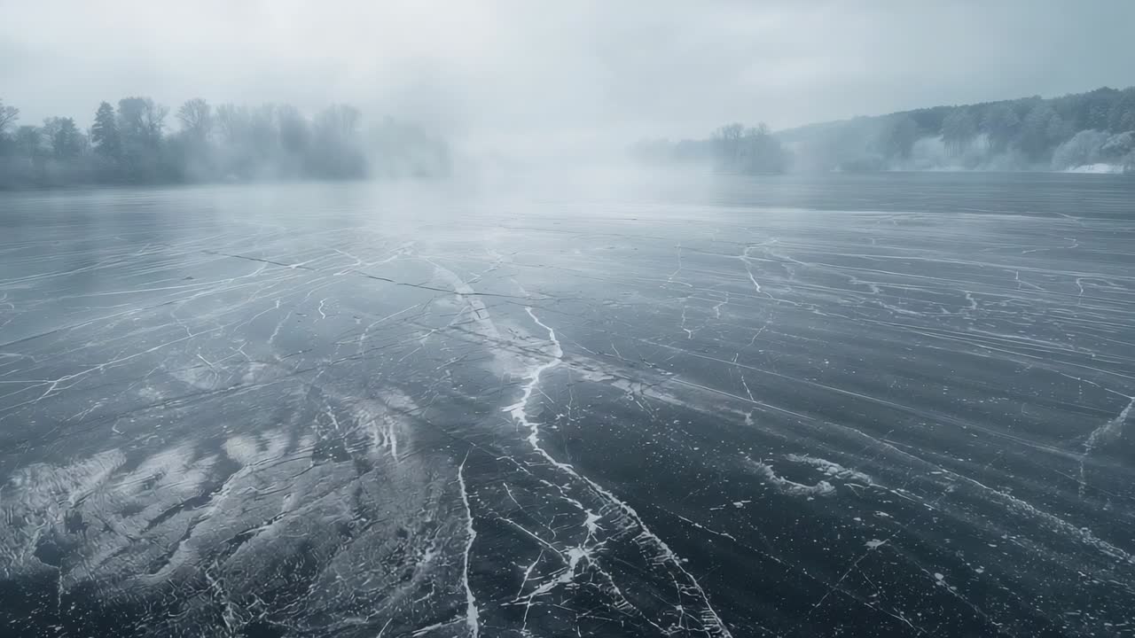 Gliding camera revealing patterned frozen lake surface at misty shoreline, with cracks and frost