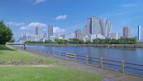 beautiful japanese traditional garden and pond with skyscrapers tokyo