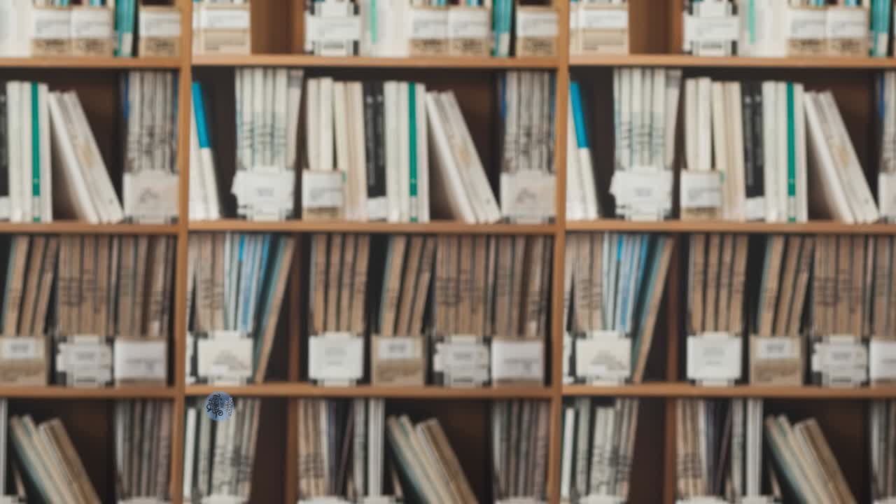 오래된 학교와 새로운 학교의 애니메이션 파란색 원에 있는 텍스트가 도서관 선반에 있는 책들을 가로질러 움직입니다.