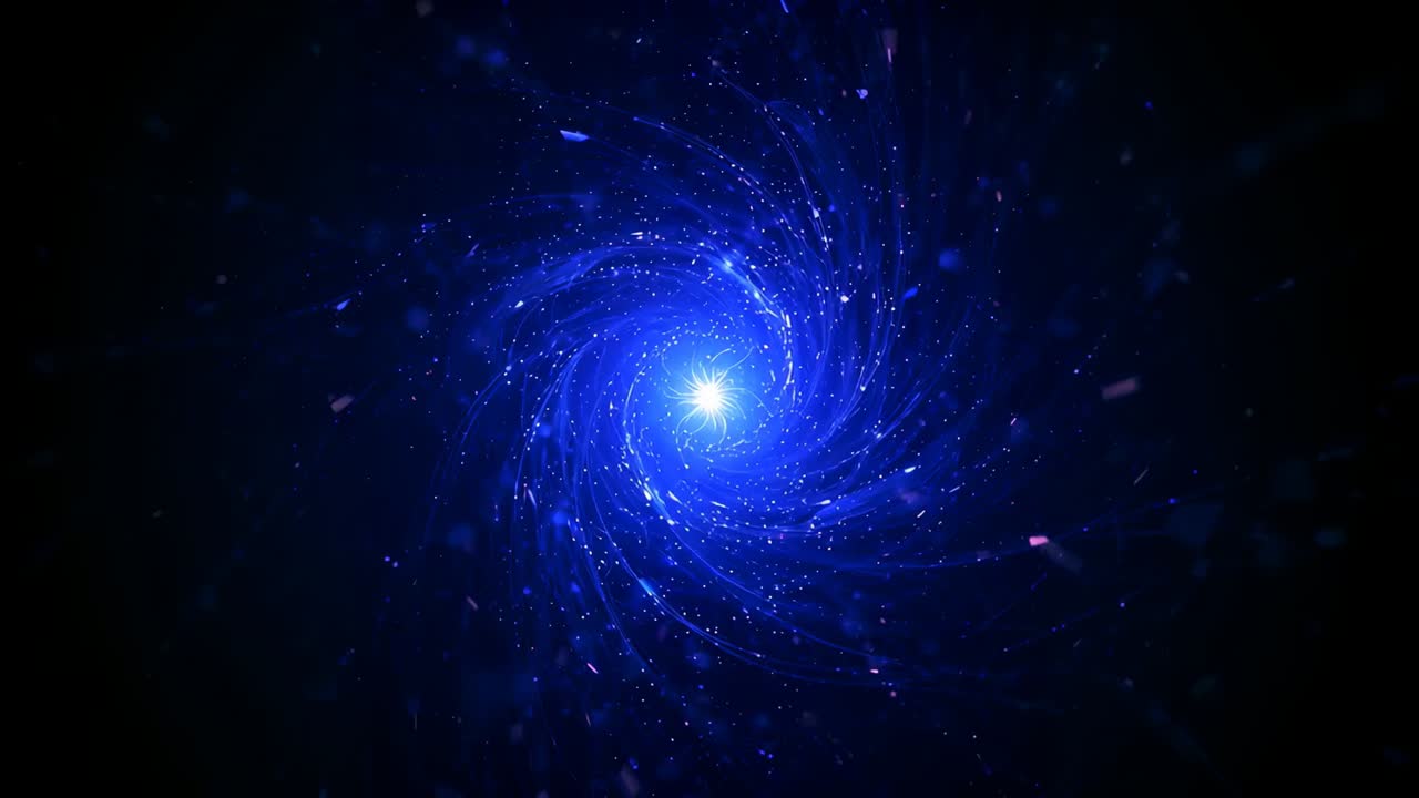 Vortice blu brillante che attira afflusso di energia nello spazio, nucleo che si intensifica, particelle in orbita