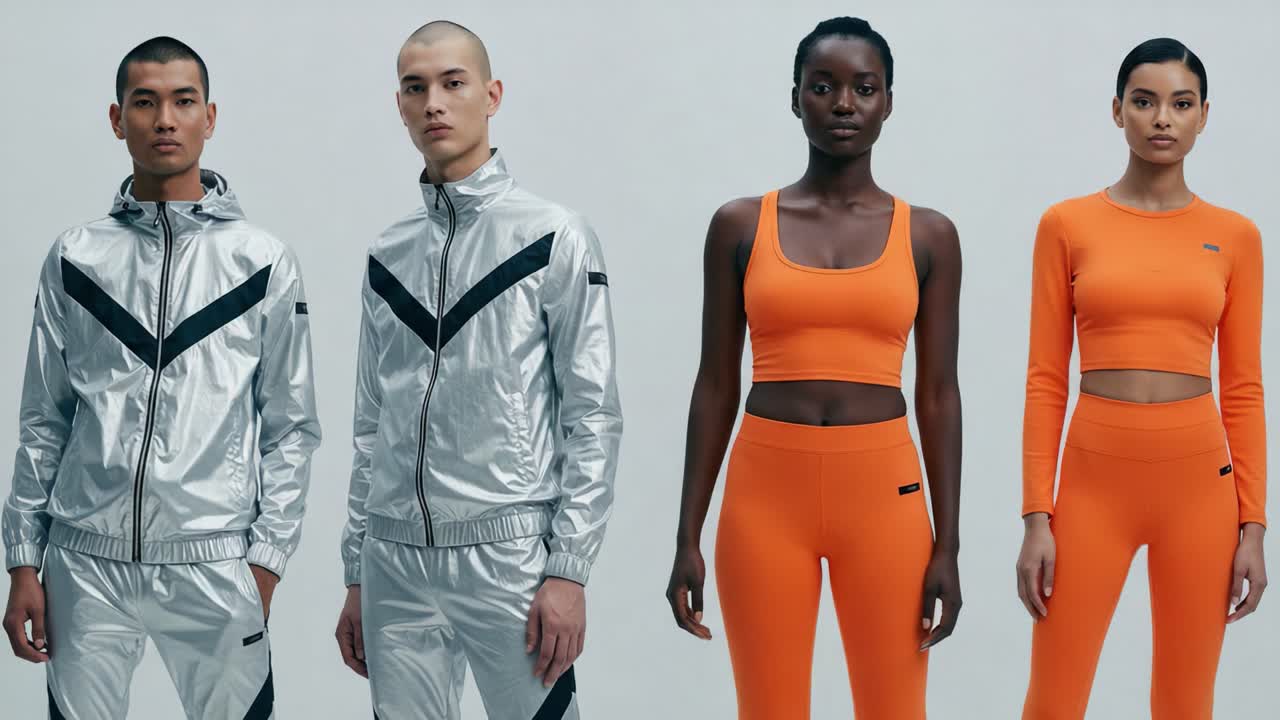 Stylish Athleisure Fashion Showcase Featuring Diverse Models in Modern Athletic Apparel with a Focus on Bright Colors and Reflective Materials