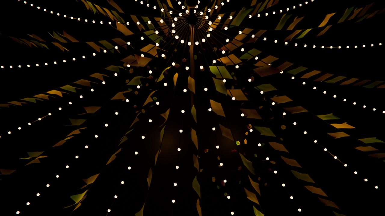Tilting camera up capturing central hub canopy at night, revealing radial bulb strings and pennants