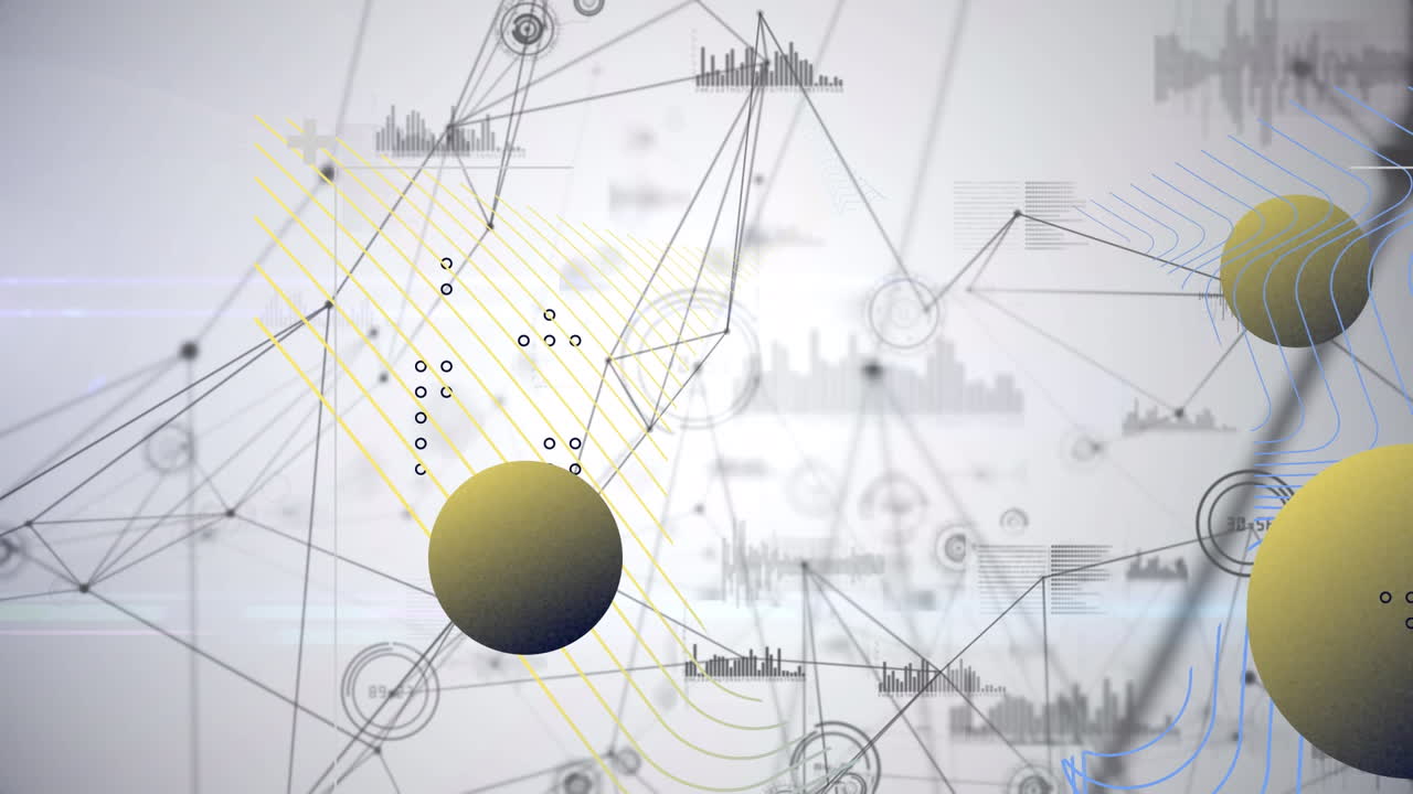 animación de formas a través de una red de conexiones y procesamiento de datos sobre fondo blanco