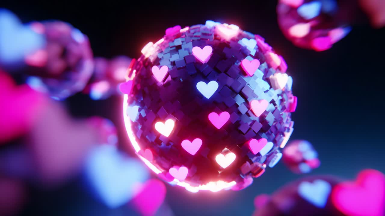A Captivating Digital Sphere Adorned with Glowing Hearts: A Visualization of Love and Connection in a Vibrant Artistic Display, Showcasing Dynamic Lighting and Creative Patterns on a Futuristic Canvas