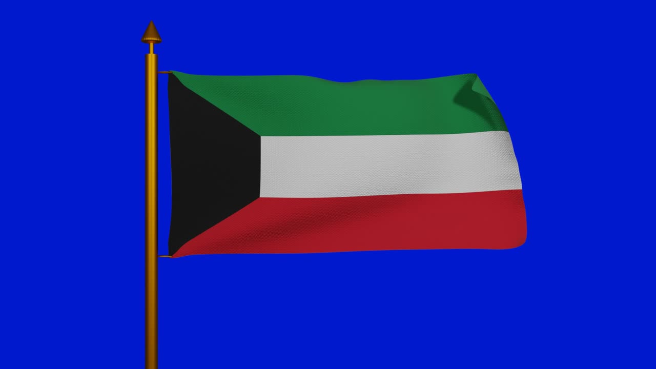 bandera nacional de kuwait ondeando 3d render con asta de la bandera en clave de croma, alam baladii derti utilizado colores pan-árabes, estado de kuwait bandera textil