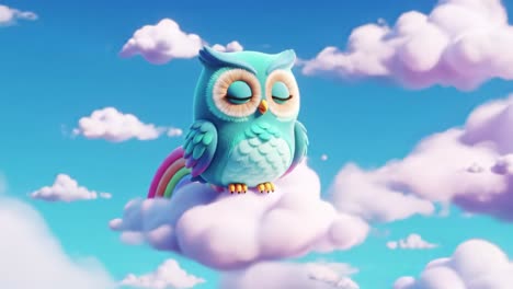 a whimsical, colorful owl perched comfortably on a fluffy cloud, resting peacefully against a vibrant blue sky filled with soft, billowy clouds and a hint of rainbow colors.