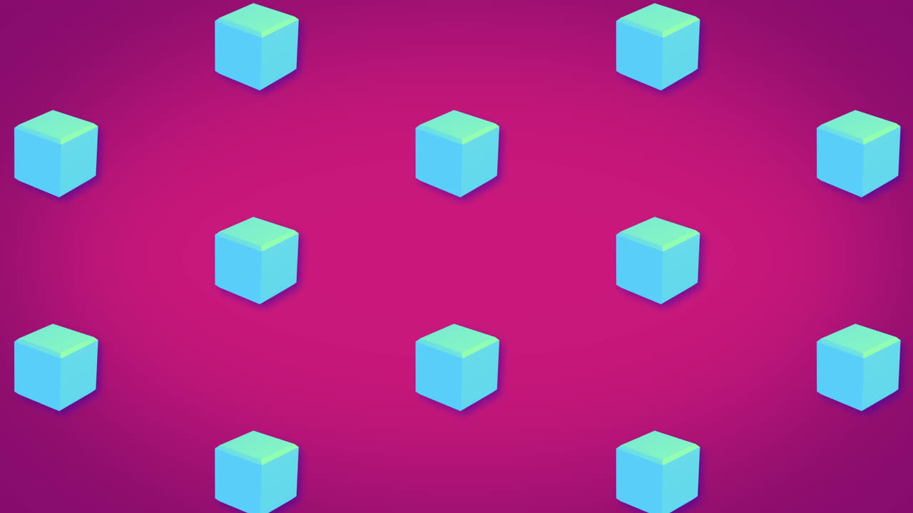 분홍색 배경에 움직이는 파란색 큐브 패턴의 줄의 애니메이션