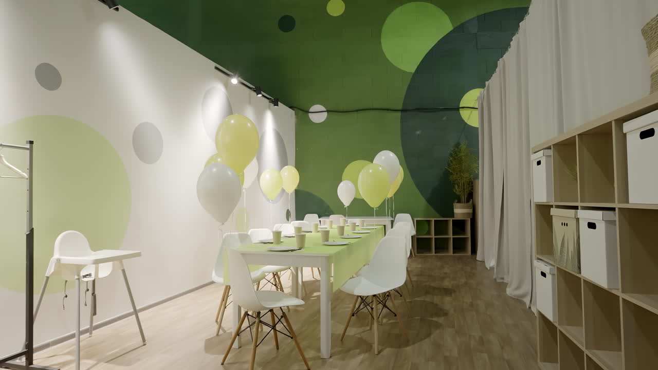 sala de fiestas para niños con decoración verde y globos