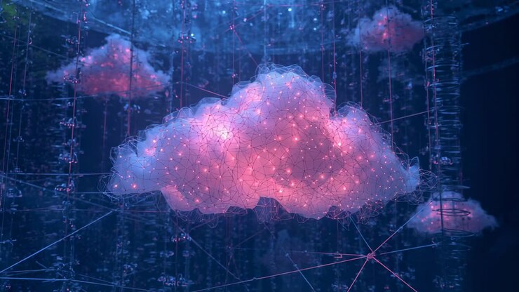 Opening digital cloud mesh pulsing nodes and illuminating network strands inside cubical frame