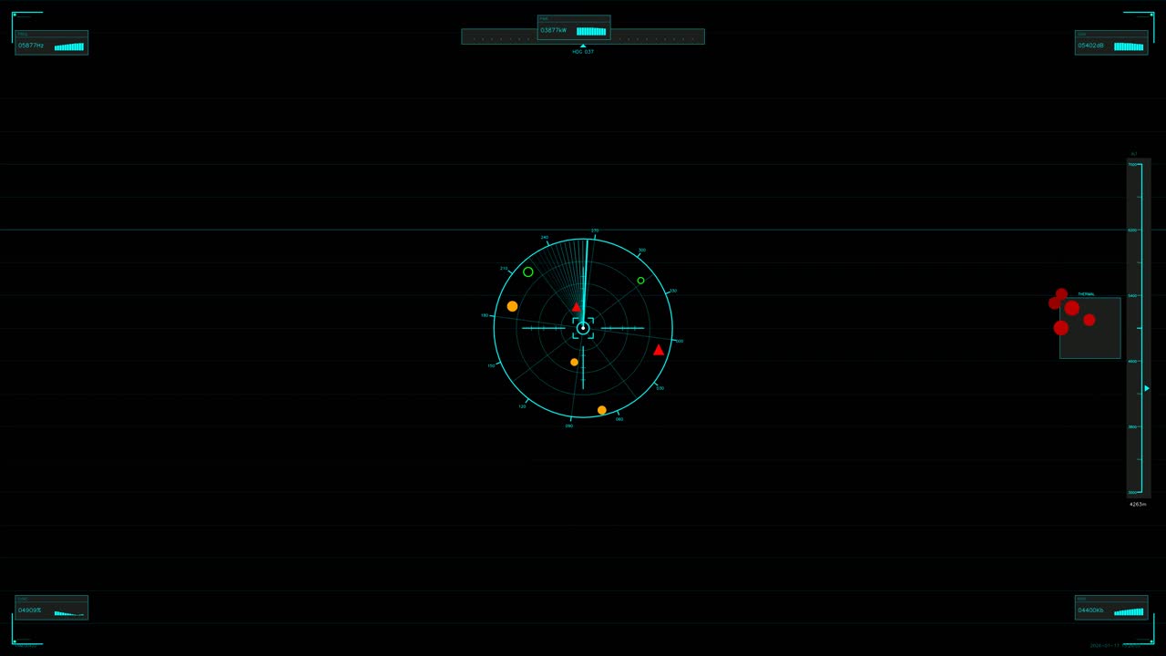 Il display digitale mostra un'animazione HUD militare con effetto radar. Lo schermo presenta elementi e indicatori in movimento utilizzati per il tracciamento e l'analisi durante uno scenario di conflitto simulato.