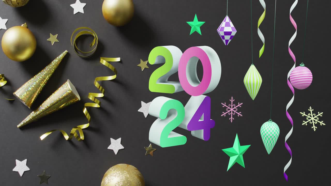 Animação de texto 2024 e decorações de Natal no fundo
