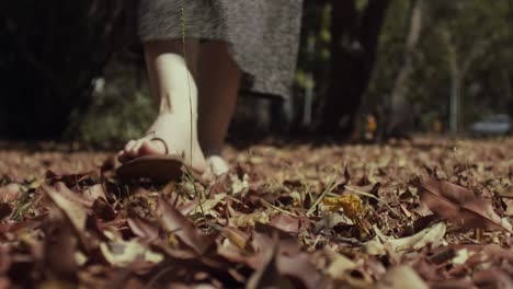 Unknown-person-in-dark-dress-walks-towards-camera-on-leaf-covered-ground