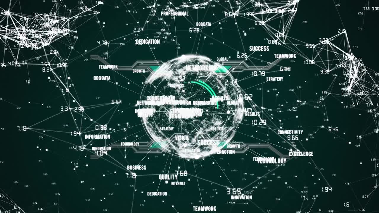 Animation of globe with business texts over black background