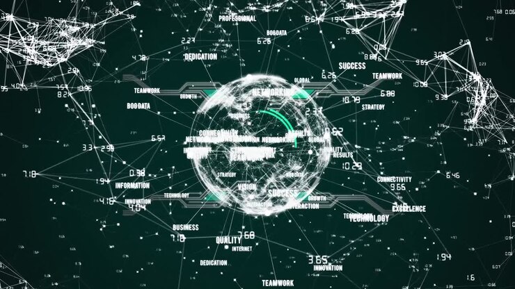 Animation of globe with business texts over black background