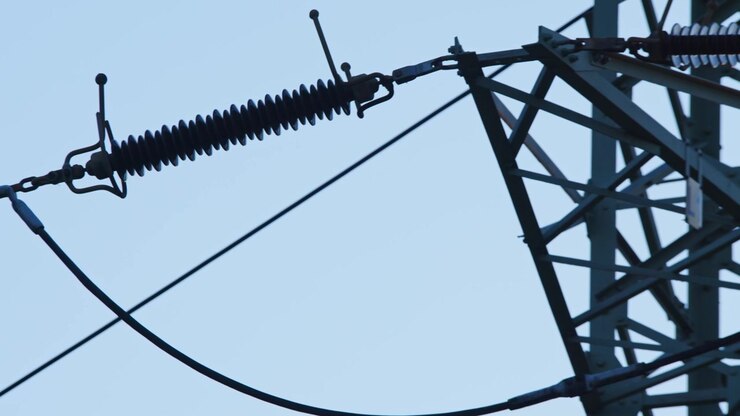 Insulator strings on a power line, close up