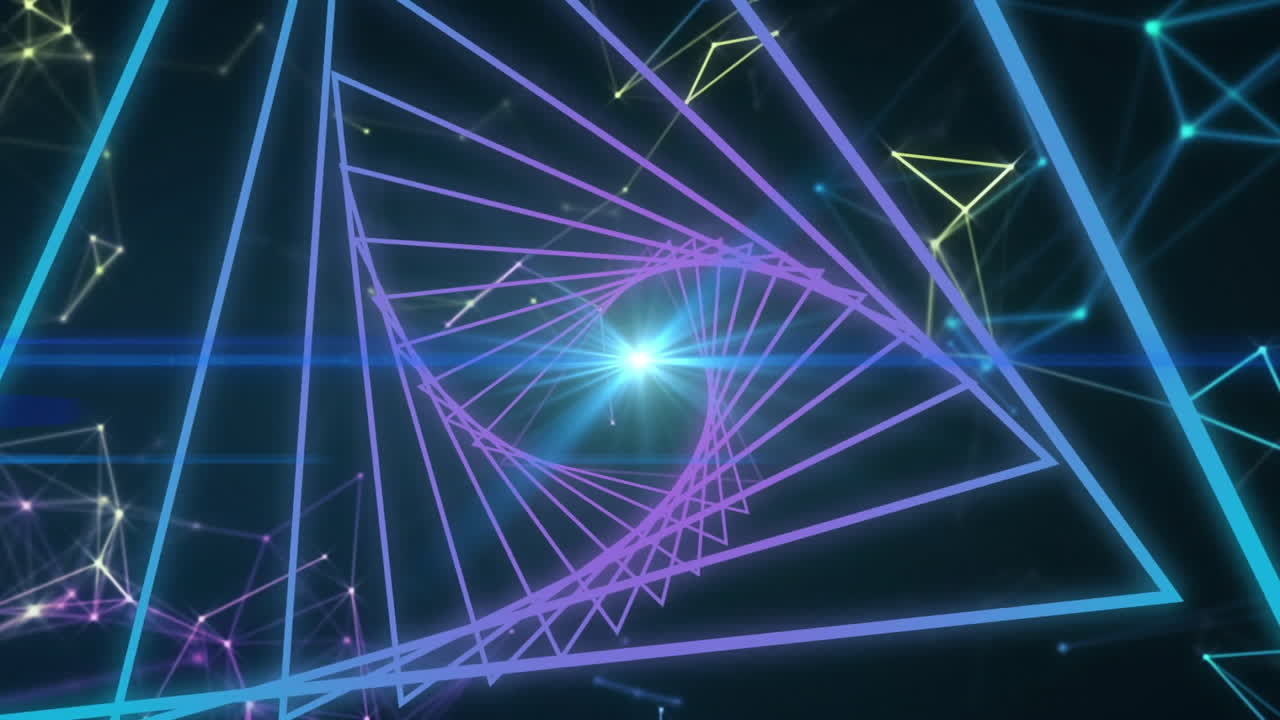 formas triangulares que giran en movimiento continuo contra una red de conexiones en fondo negro